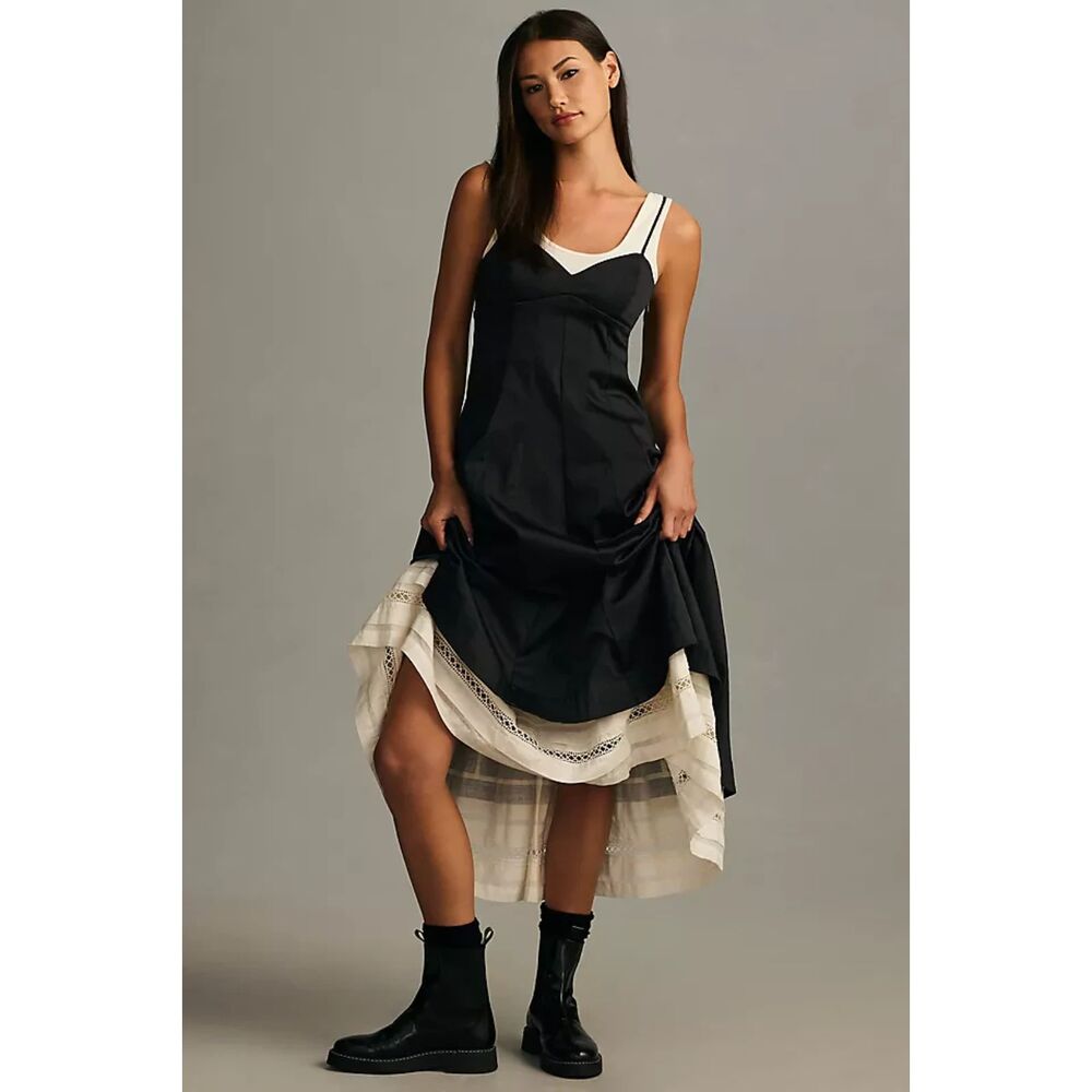 Anthropologie Boho Black Layered Pleated Dress Size 12
